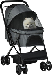 Grey Foldable Dog Stroller with Reversible Handle EVA Wheels Storage