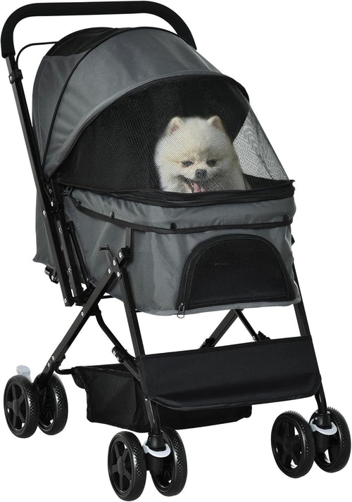 Grey Foldable Dog Stroller with Reversible Handle EVA Wheels Storage