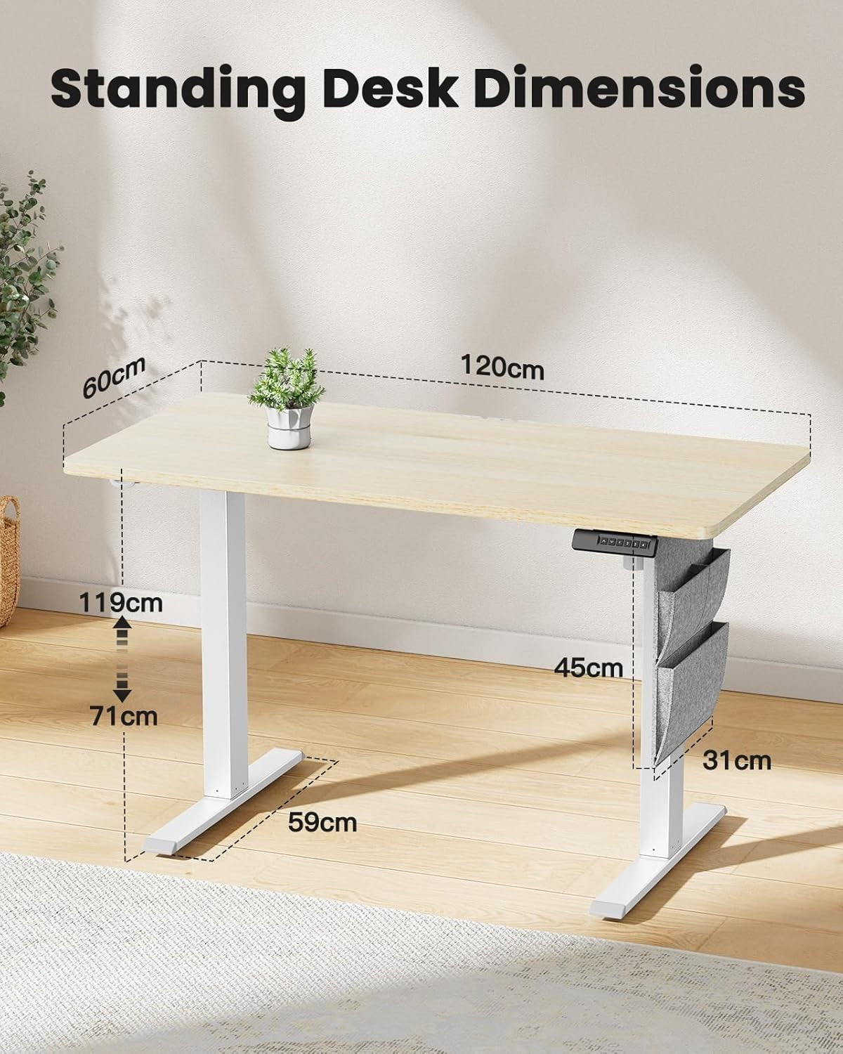 Natural Electric Standing Desk 120x60cm Adjustable Sit Stand Table with Storage