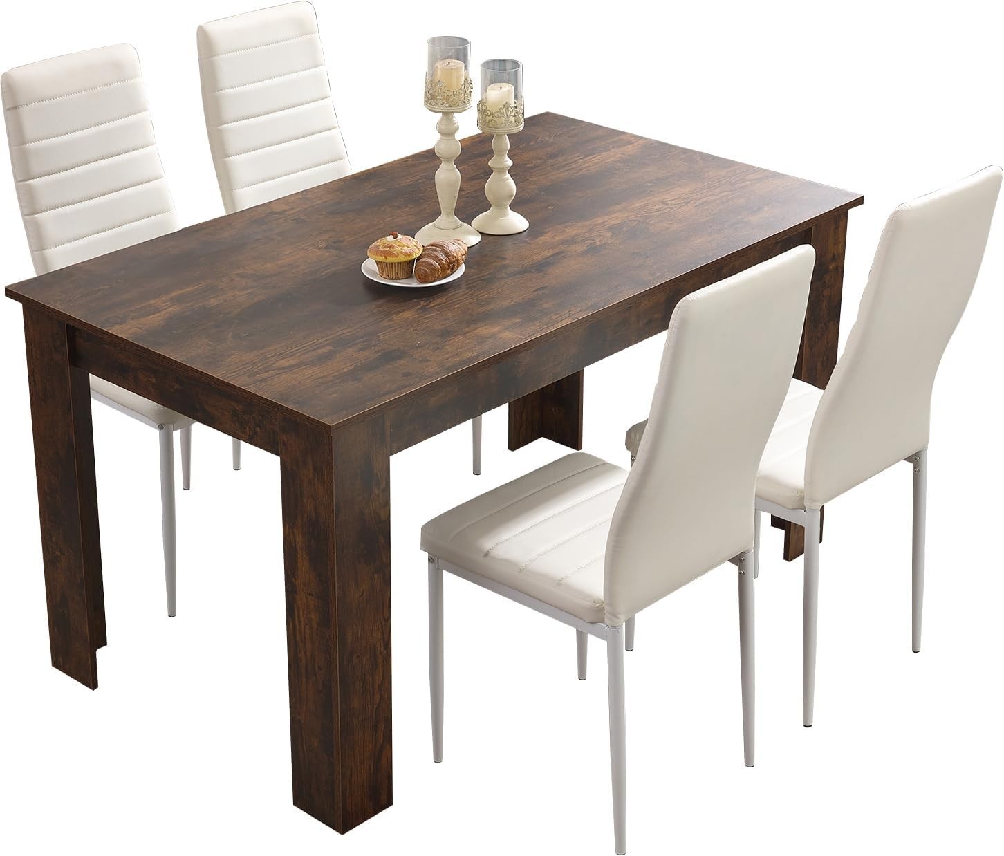 Modern Dining Table Set 4 PU Chairs Rustic Wood Look 112x80cm Kitchen