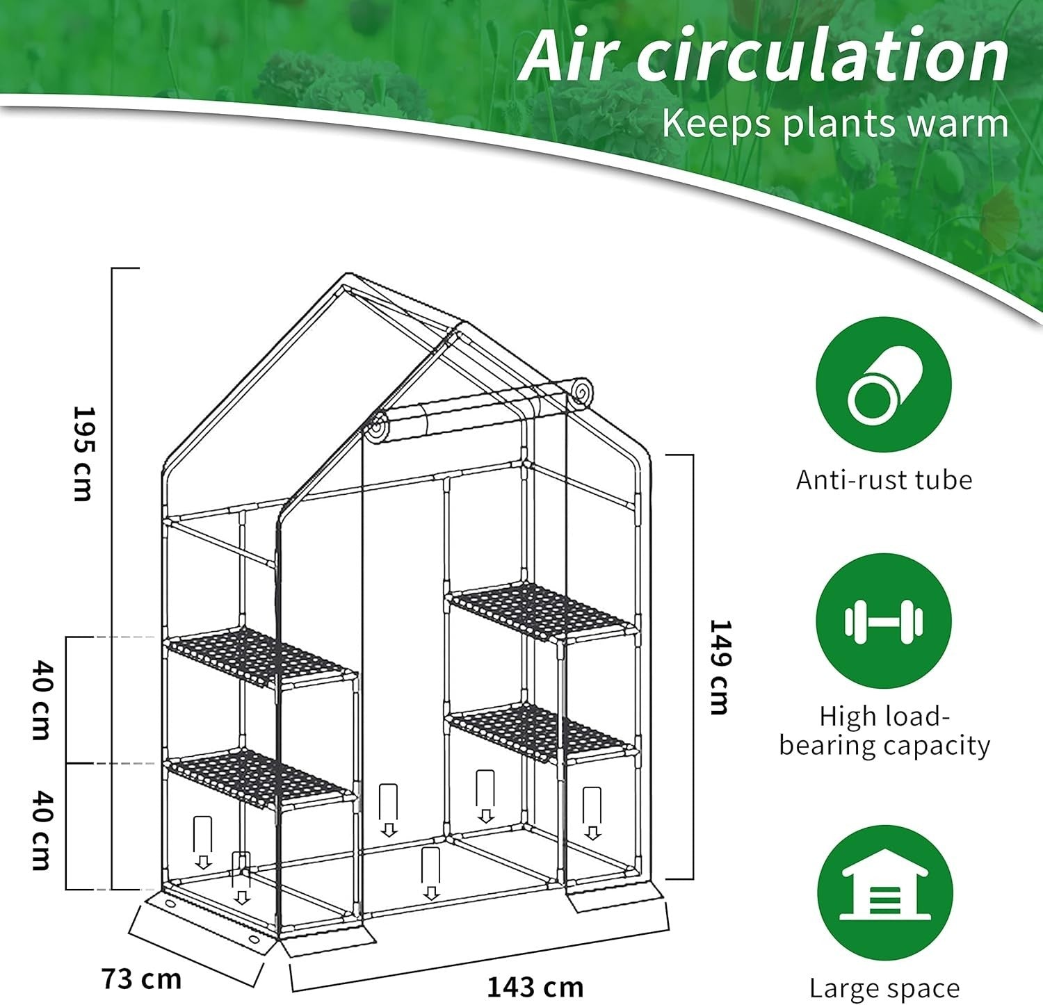 Walk-In Greenhouse 4 Shelves | Reinforced PE Cover | Steel Frame | Compact