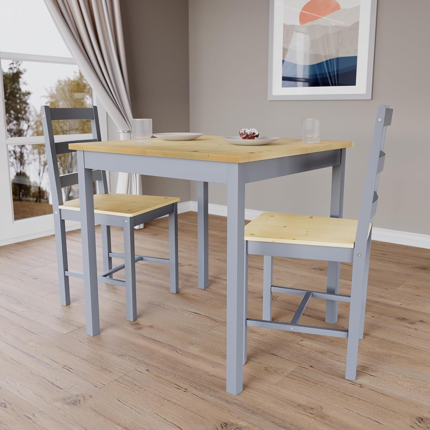 Grey & Pine 2 Seater Dining Table Set | Compact Kitchen Table with Chairs