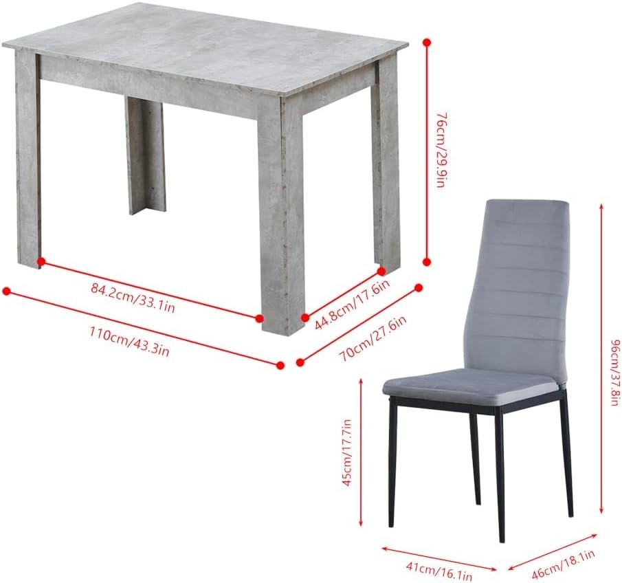 Grey Dining Table Set with 4 Velvet Chairs Modern 110cm Compact Kitchen