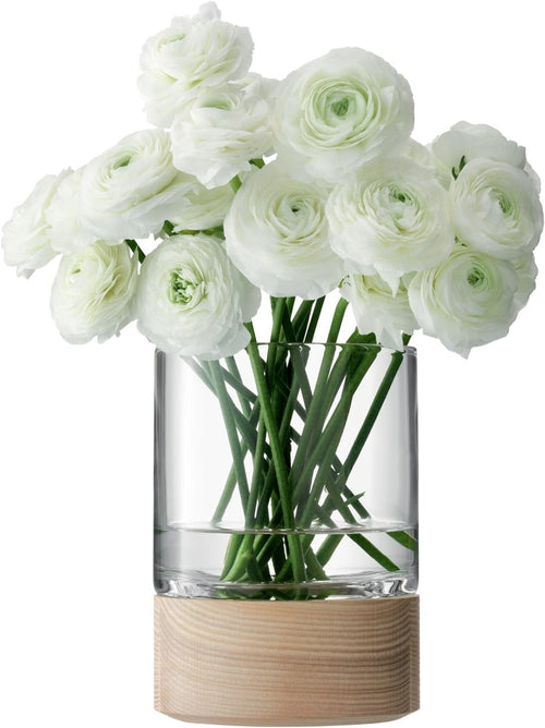 Clear Glass Vase with Wooden Base 18cm Modern Table Flower Centrepiece