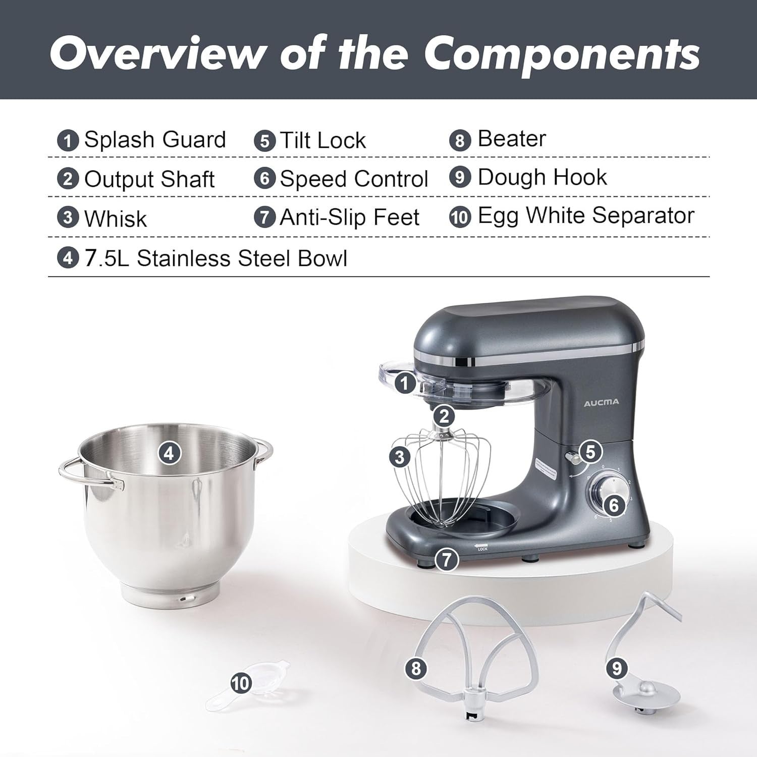 Powerful 7.5L Stand Mixer 6 Speed Kitchen Dough Hook Whisk Beater 1400W