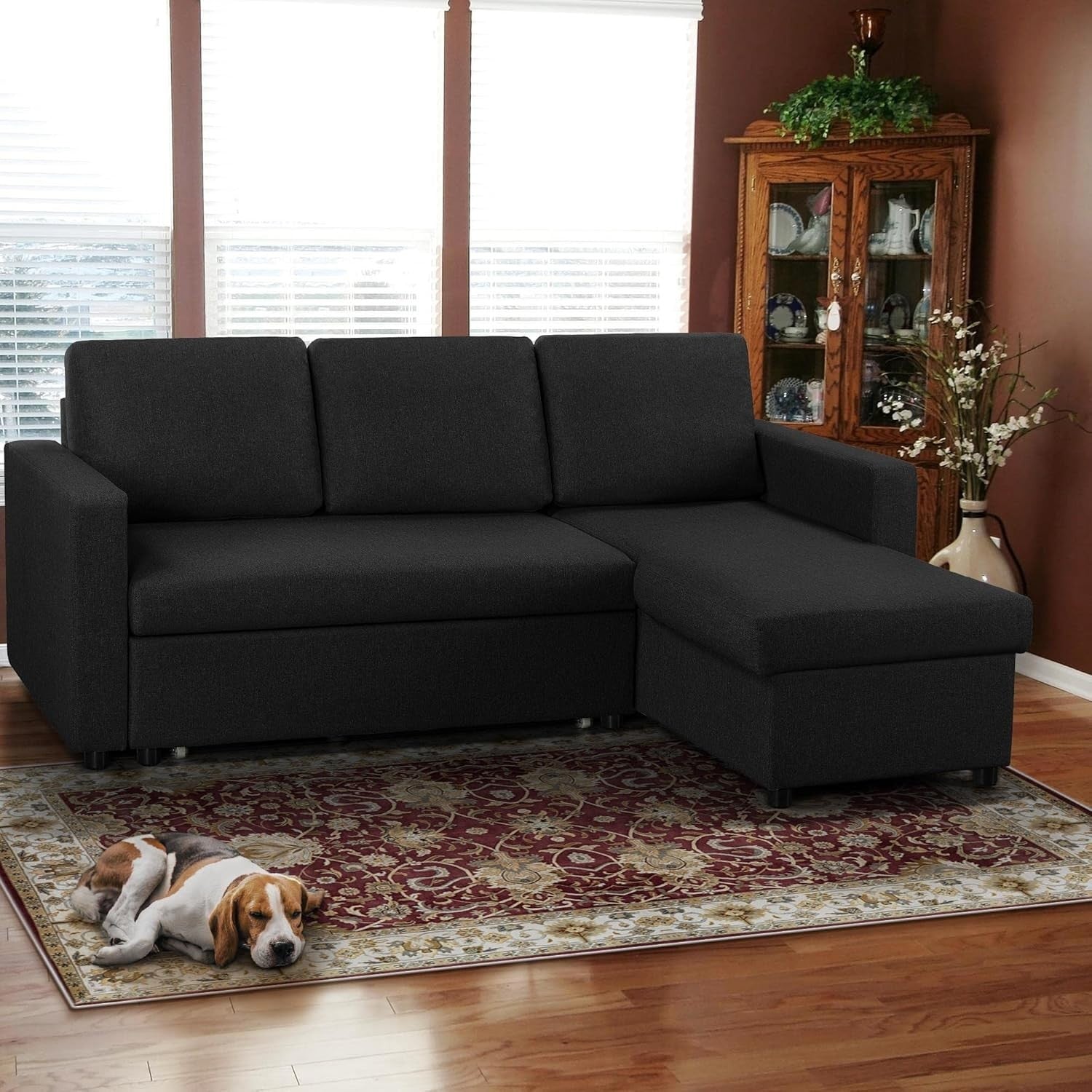 3 Seater L-Shaped Sofa Bed Black Corner Couch Pull Out with Storage