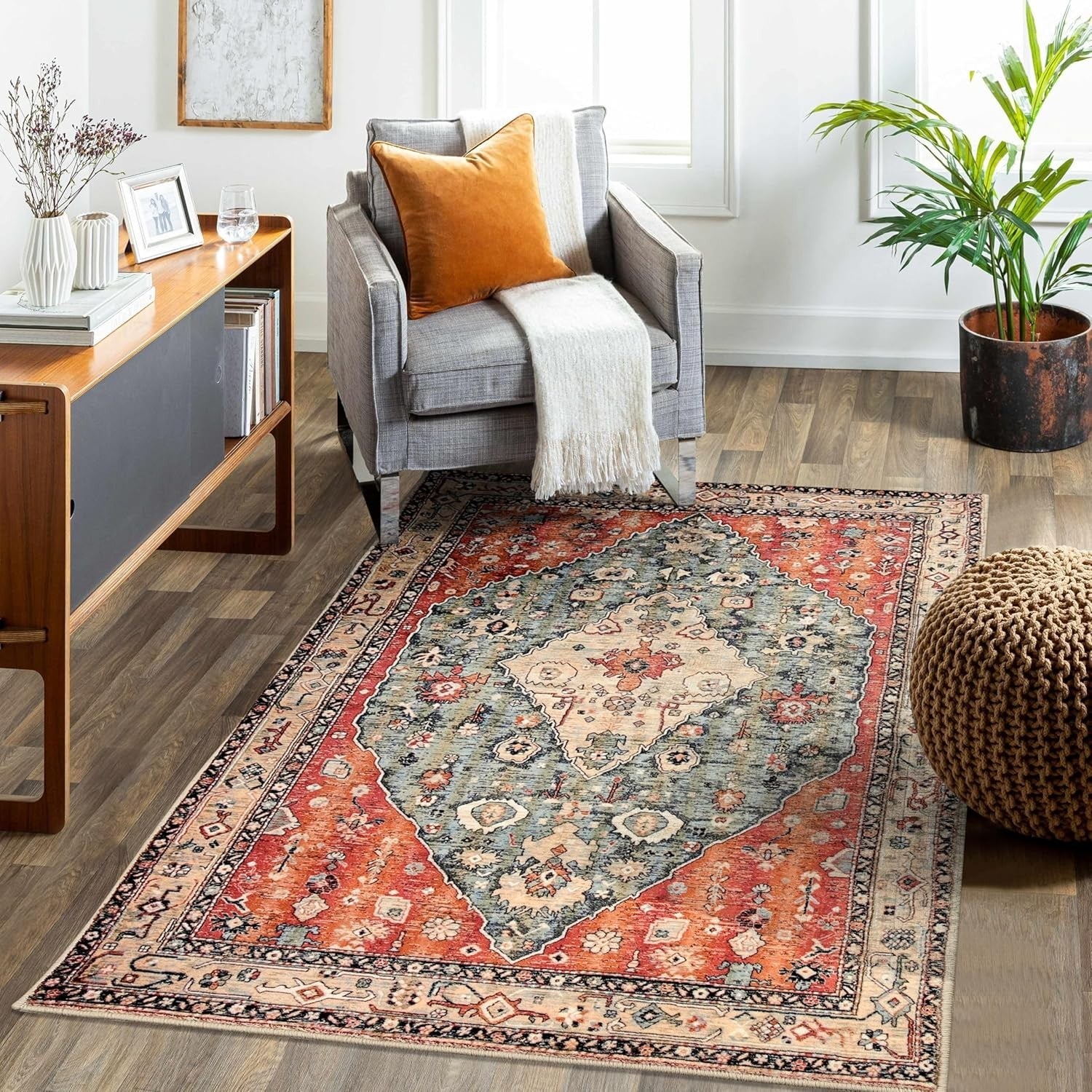 Vintage Area Rug 90x150cm Washable Non Slip Short Pile Living Room Bedroom