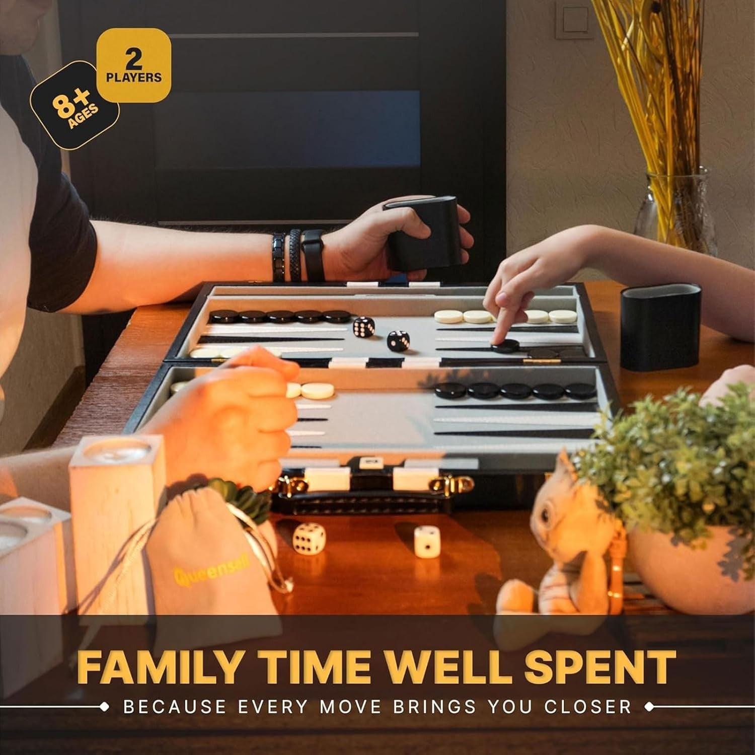 15 Inch Backgammon Set Black PU Leather Folding Travel Board Game 2 Player