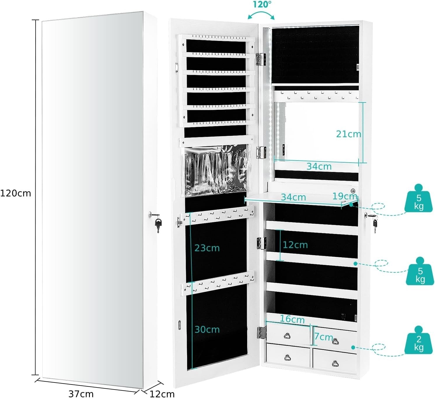 White LED Jewelry Cabinet Wall Mounted Mirror Lockable Storage Organizer