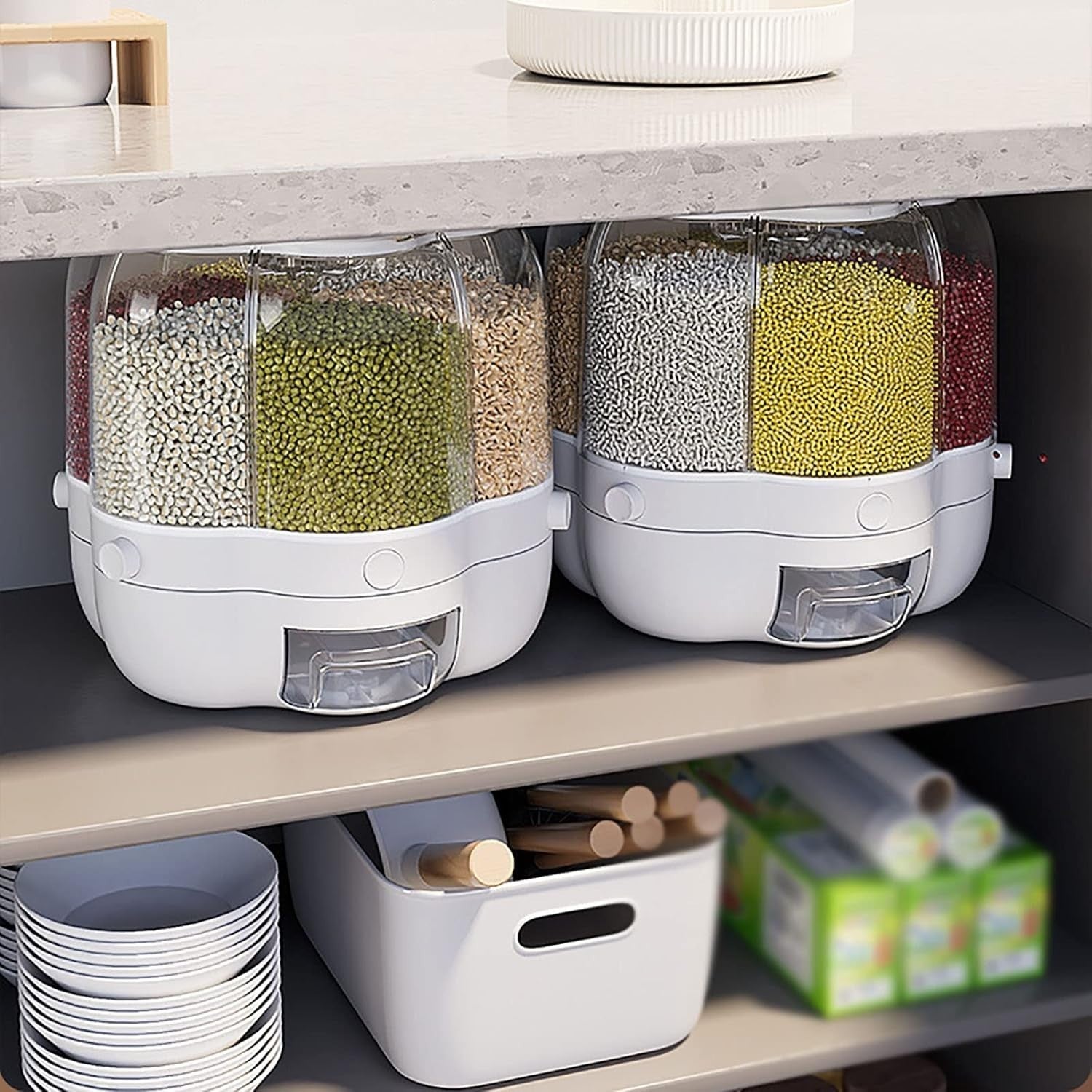 6 Grid Rotating Rice Dispenser Airtight Grain Storage Box