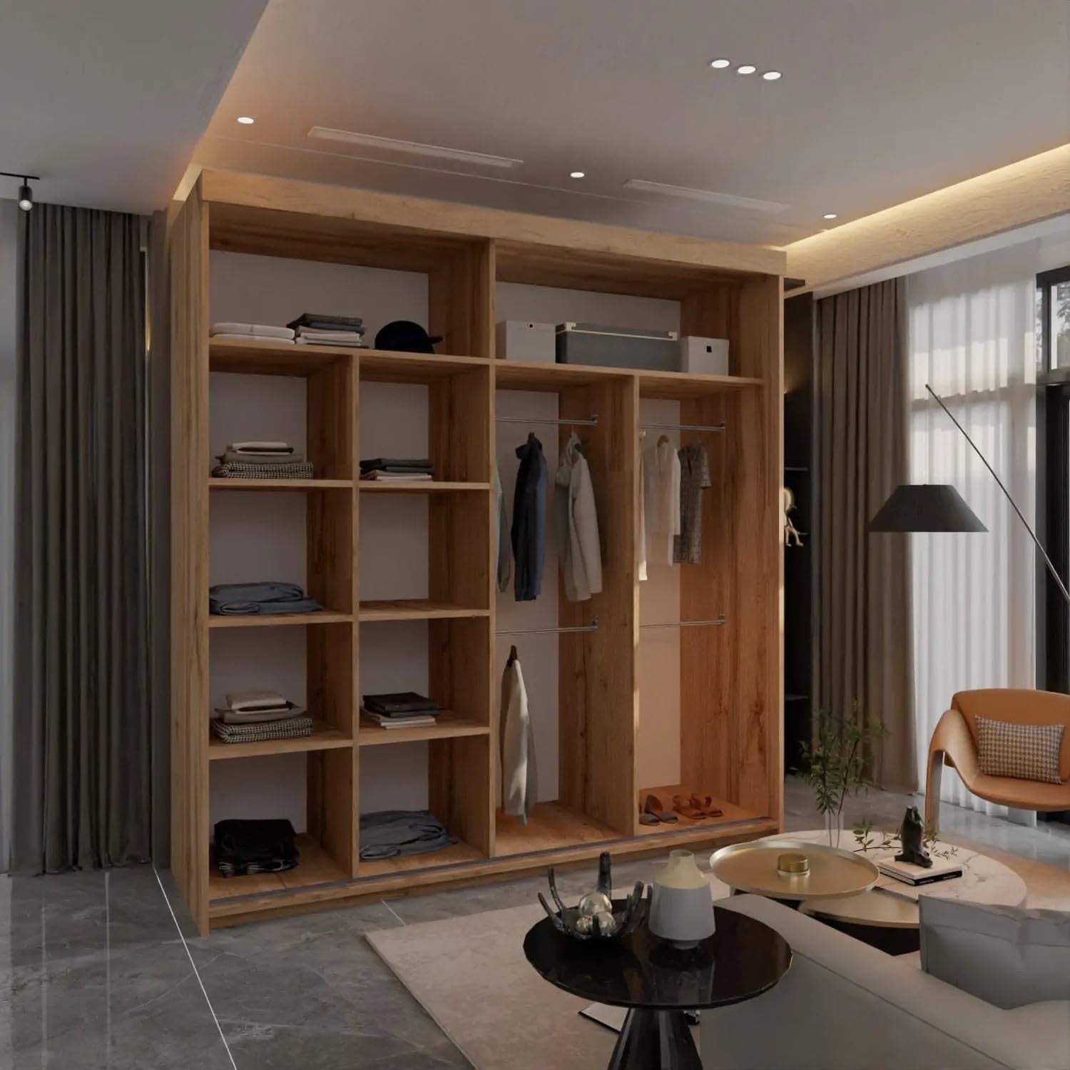 203cm Oak Sliding Wardrobe Closet with Shelves & Hanging Rail Storage
