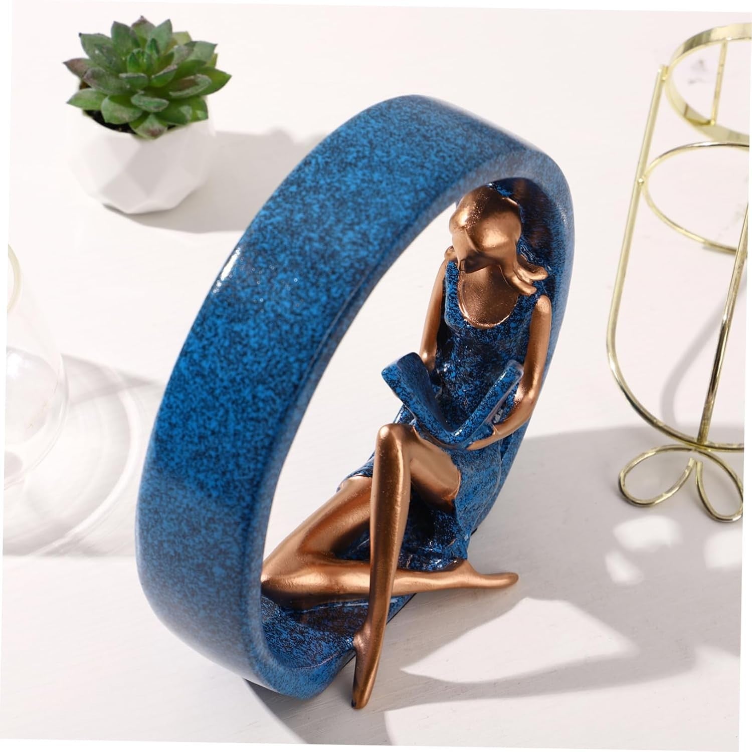 Modern Reading Girl Statue • Blue Resin Ring Sculpture • Elegant