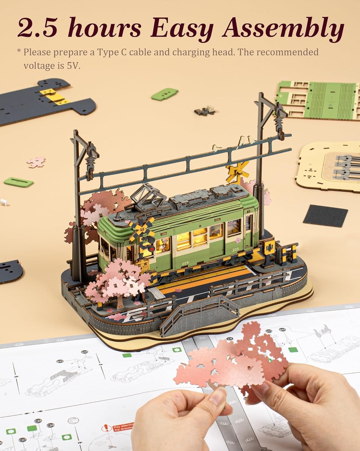 3D Wooden Sakura Puzzle with LED Lights - Romantic Model Kit Decor