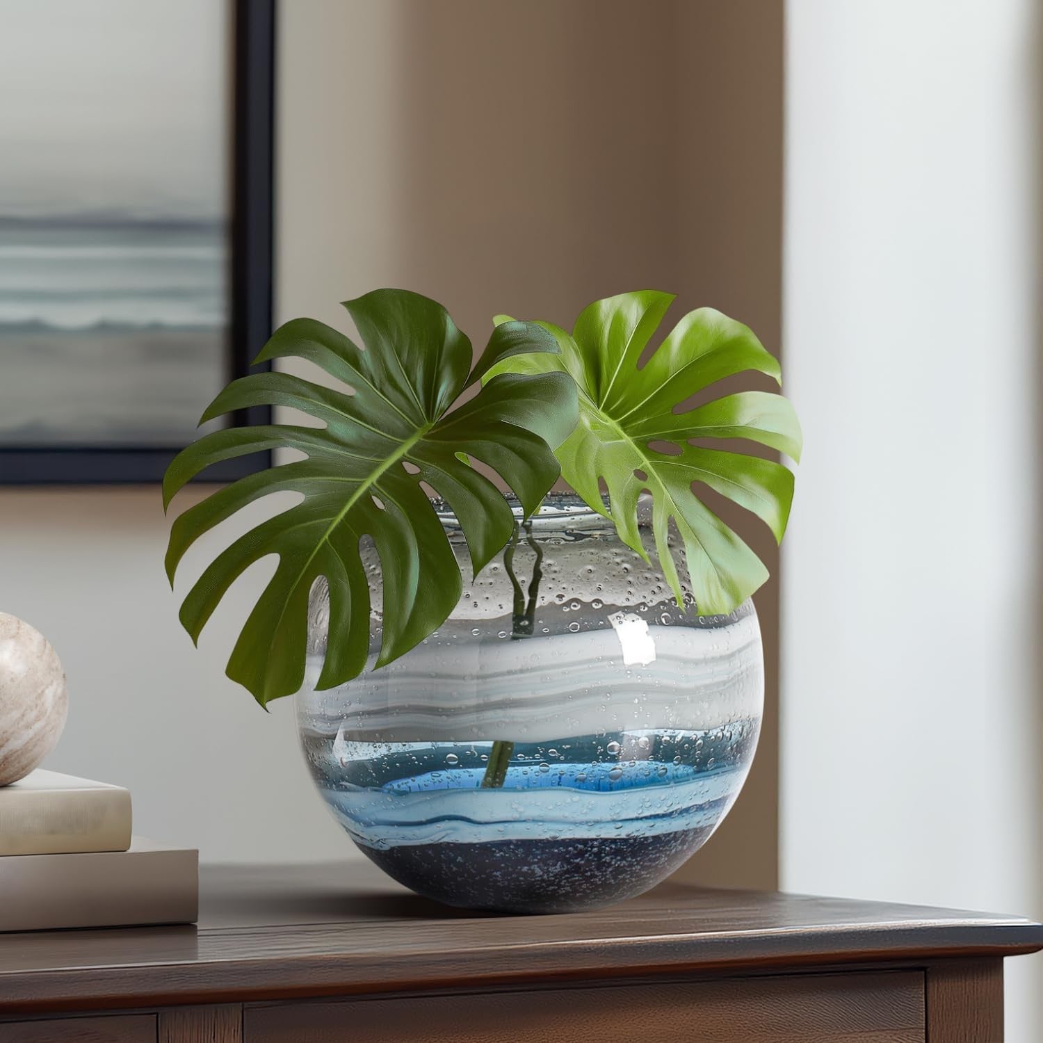 Handmade Blue Swirl Glass Sphere Vase Modern Living Room Centerpiece