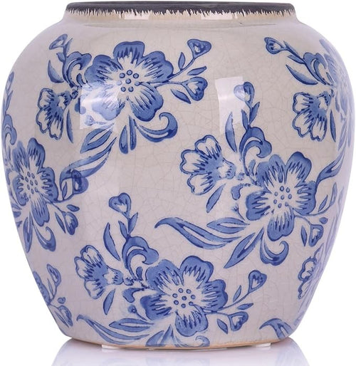 Blue White Floral Ceramic Vase Vintage Chinoiserie Table Centrepiece 23cm