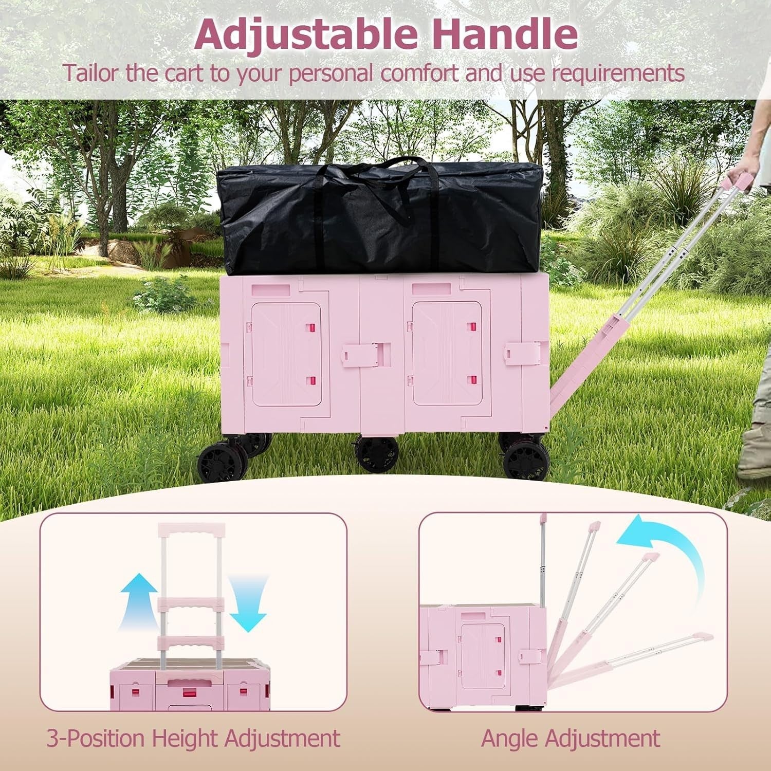 Pink 150L Folding Shopping Trolley Collapsible Wagon Cart w/ Telescopic Handle