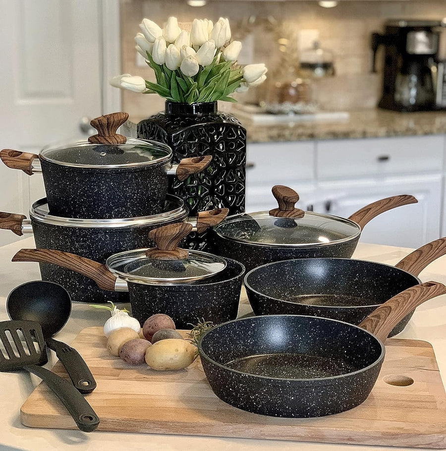 12pcs Black Ebony Granite Cookware Set Non Stick Pans Pots with Glass Lids