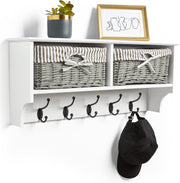 White Wall Mounted Coat Rack Shelf | 2 Wicker Baskets & 5 Hooks Hallway Unit