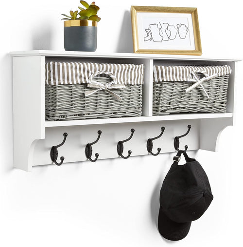 White Wall Mounted Coat Rack Shelf | 2 Wicker Baskets & 5 Hooks Hallway Unit