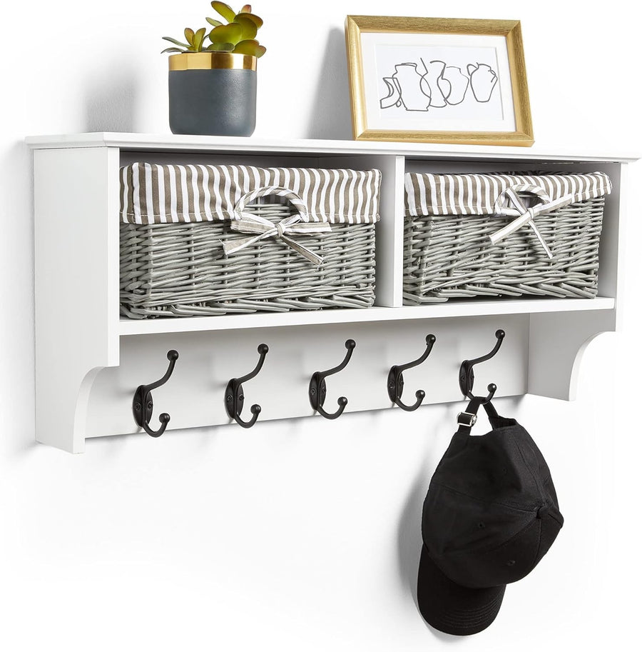 White Wall Mounted Coat Rack Shelf | 2 Wicker Baskets & 5 Hooks Hallway Unit
