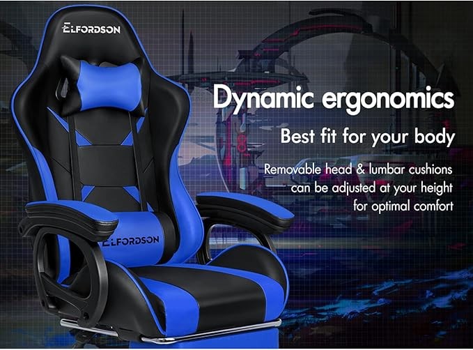 ELFORDSON Gaming Chair w/ 2-Point Massage Lumbar Blue