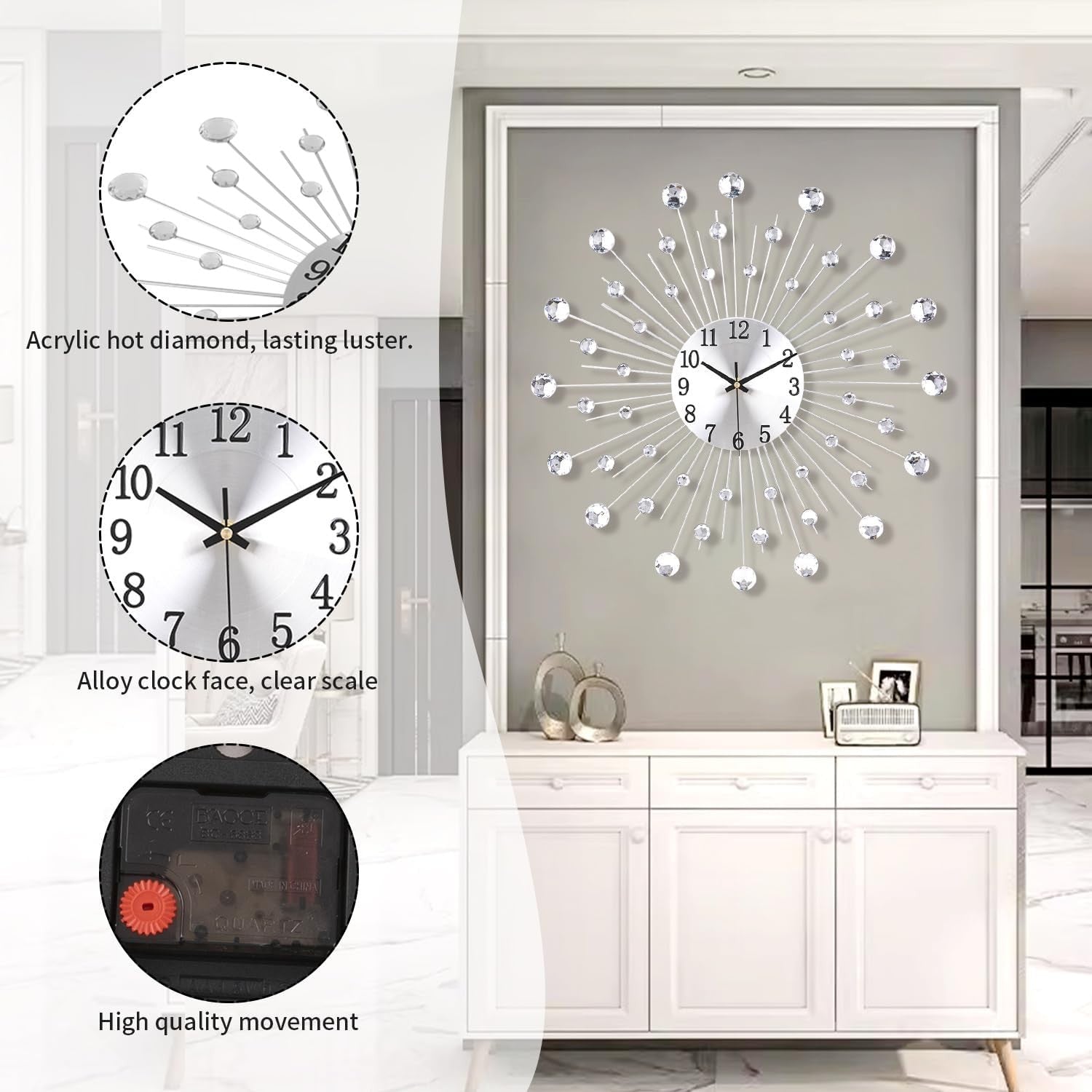 Modern Crystal Sunburst Wall Clock 50cm – Large Silent Luxury Metal Decor