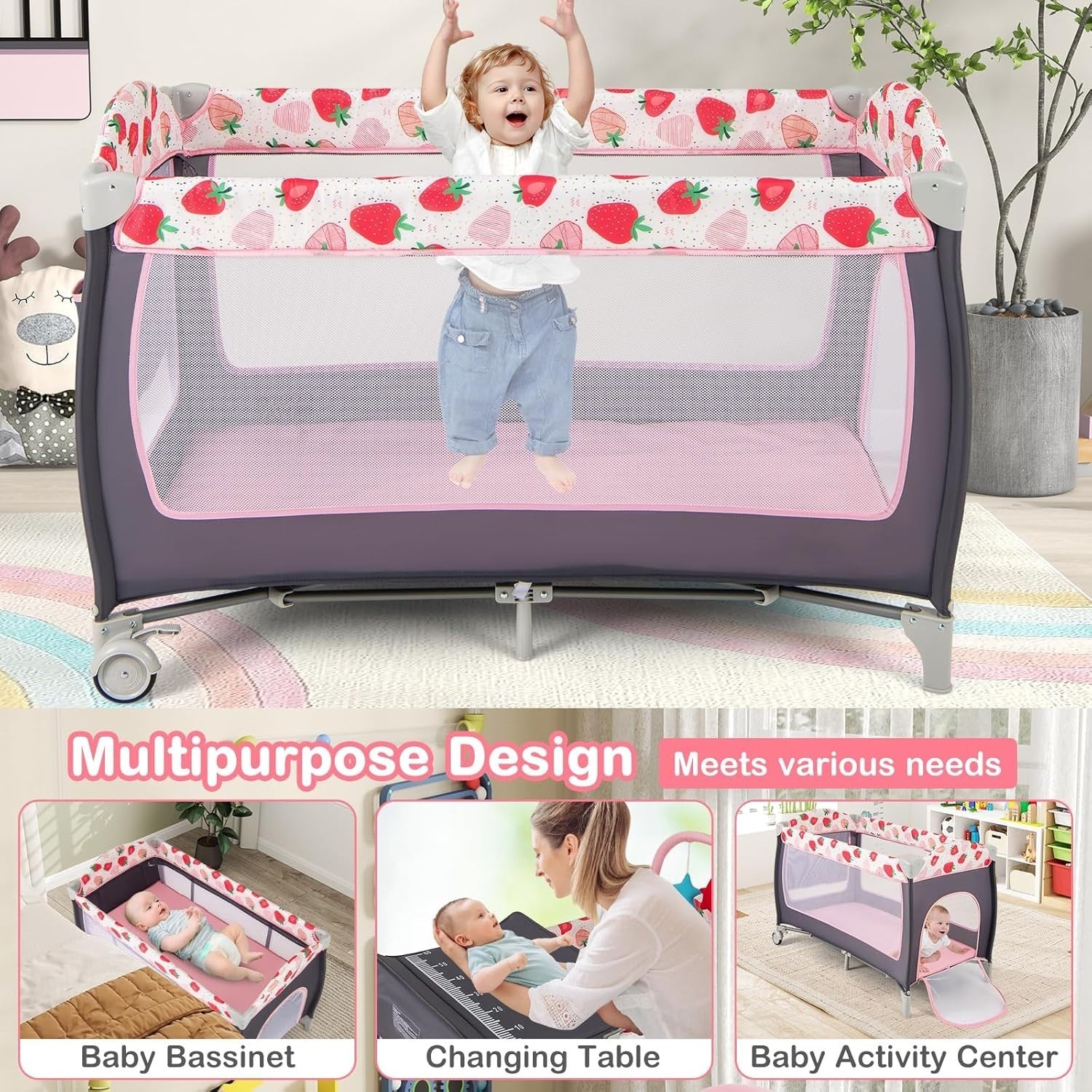 4in1 Baby Travel Cot Foldable Crib with Mattress, Changer & Storage Strawberry