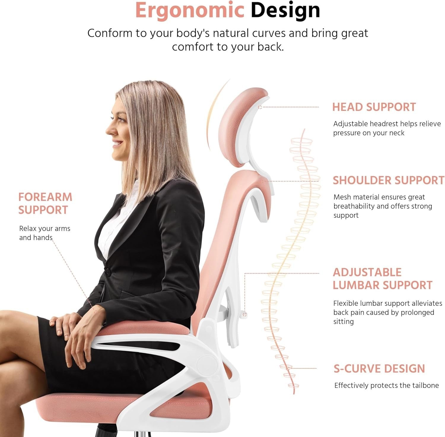 Ergonomic Mesh Office Gaming Chair Adjustable Lumbar Headrest White/Pink