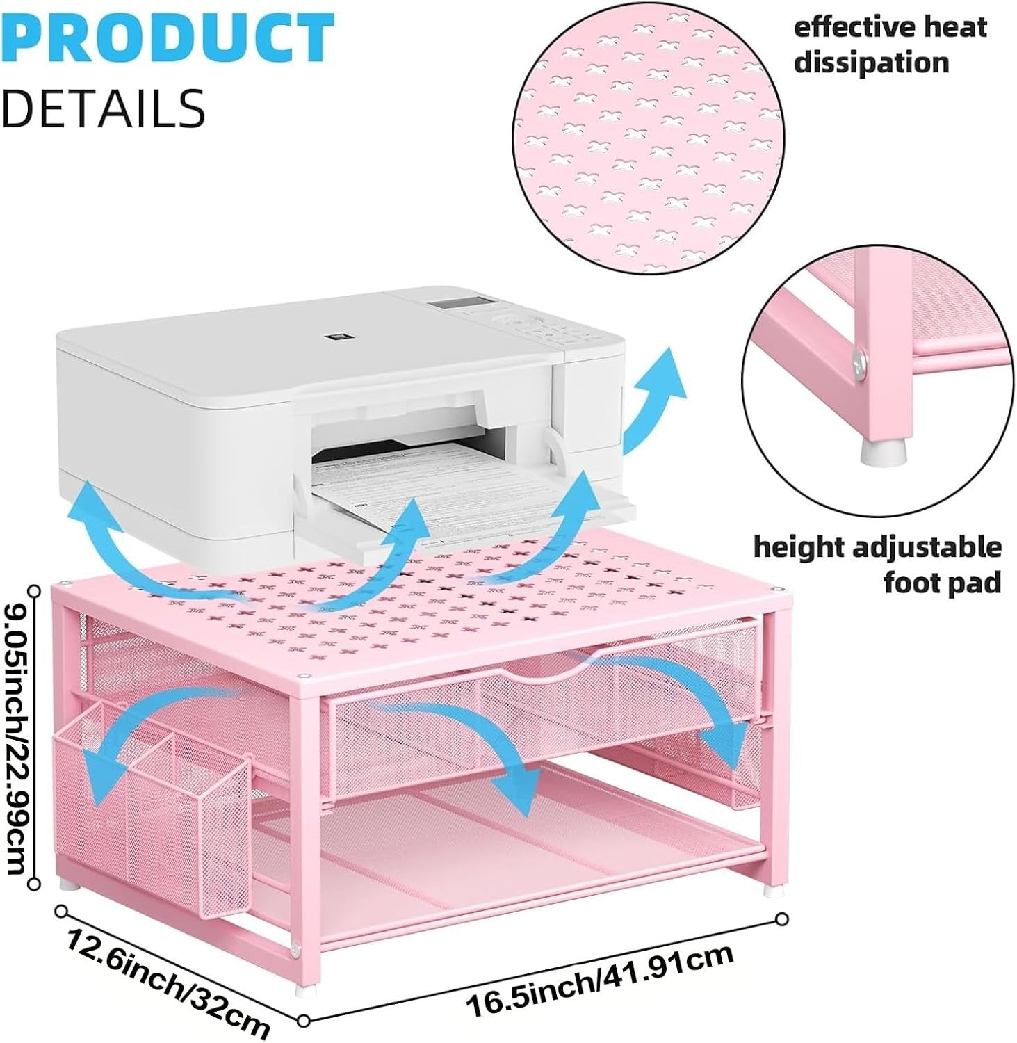 2-Tier Pink Desktop Printer Stand with Drawer, Pen & Paper Organizer