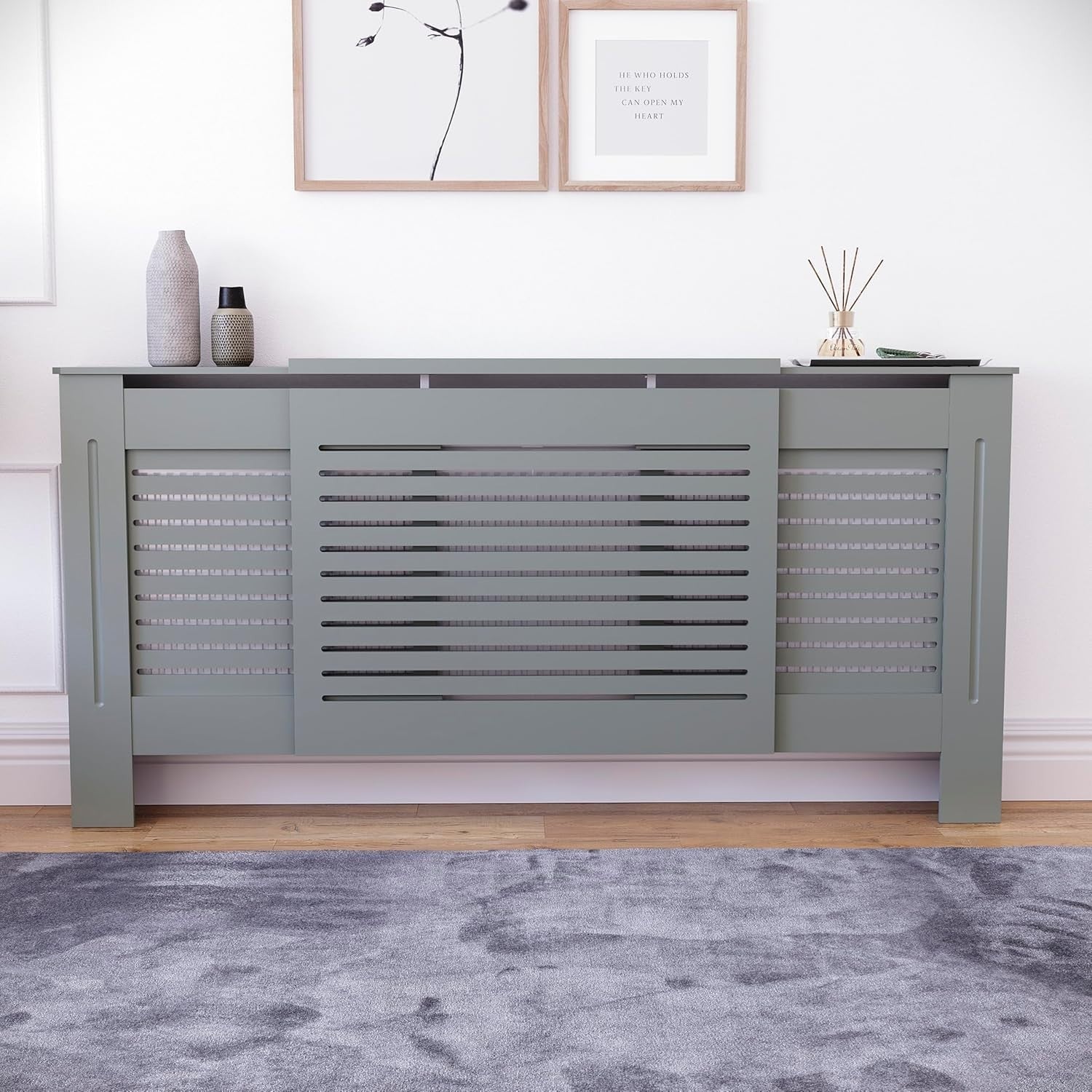 Adjustable Olive Grey Radiator Cover MDF Cabinet 195x80x16cm Modern Design