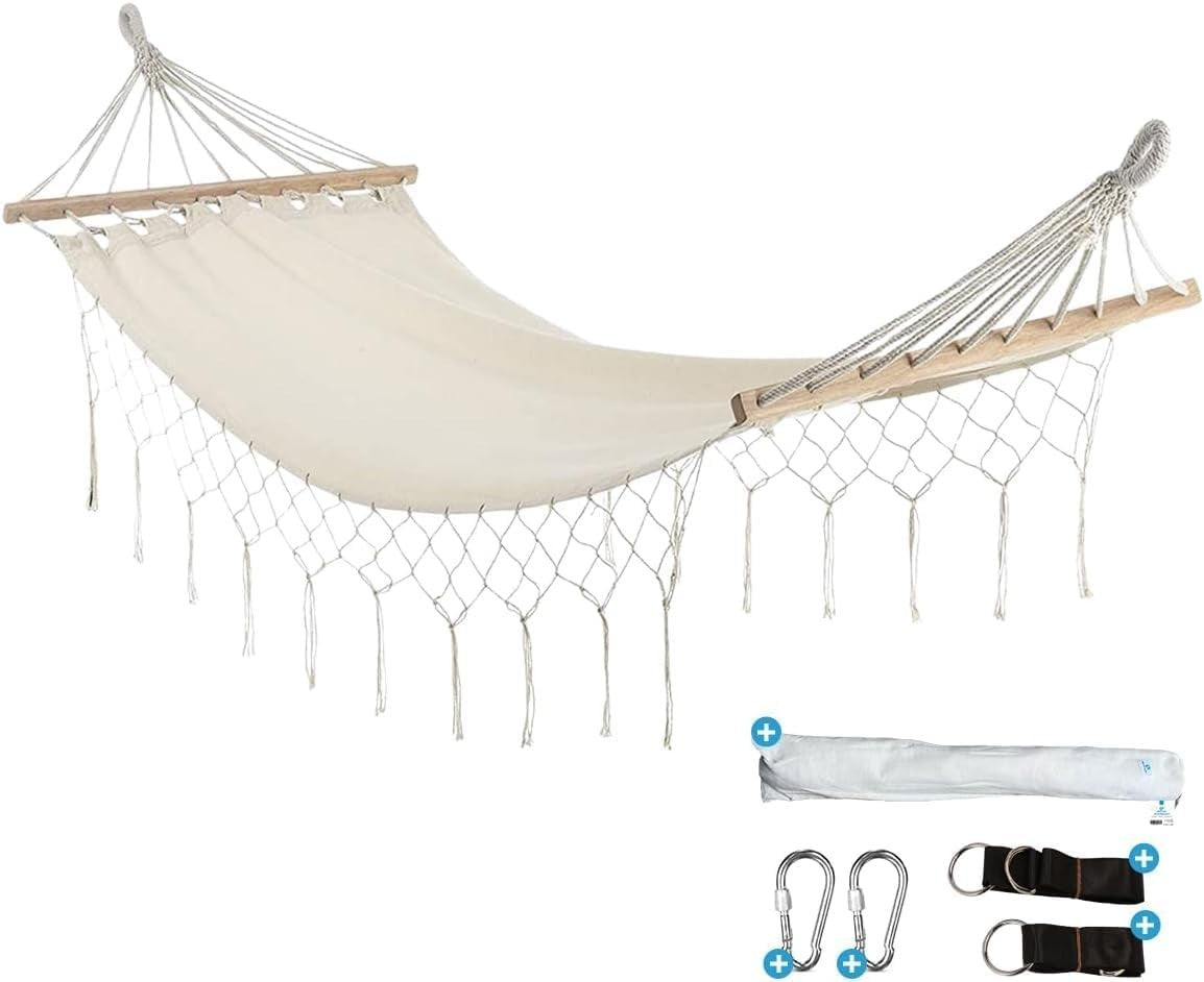 Beige Cotton Hammock with Fringe | Spreader Bar + Carry Bag | Solo Outdoor Swing