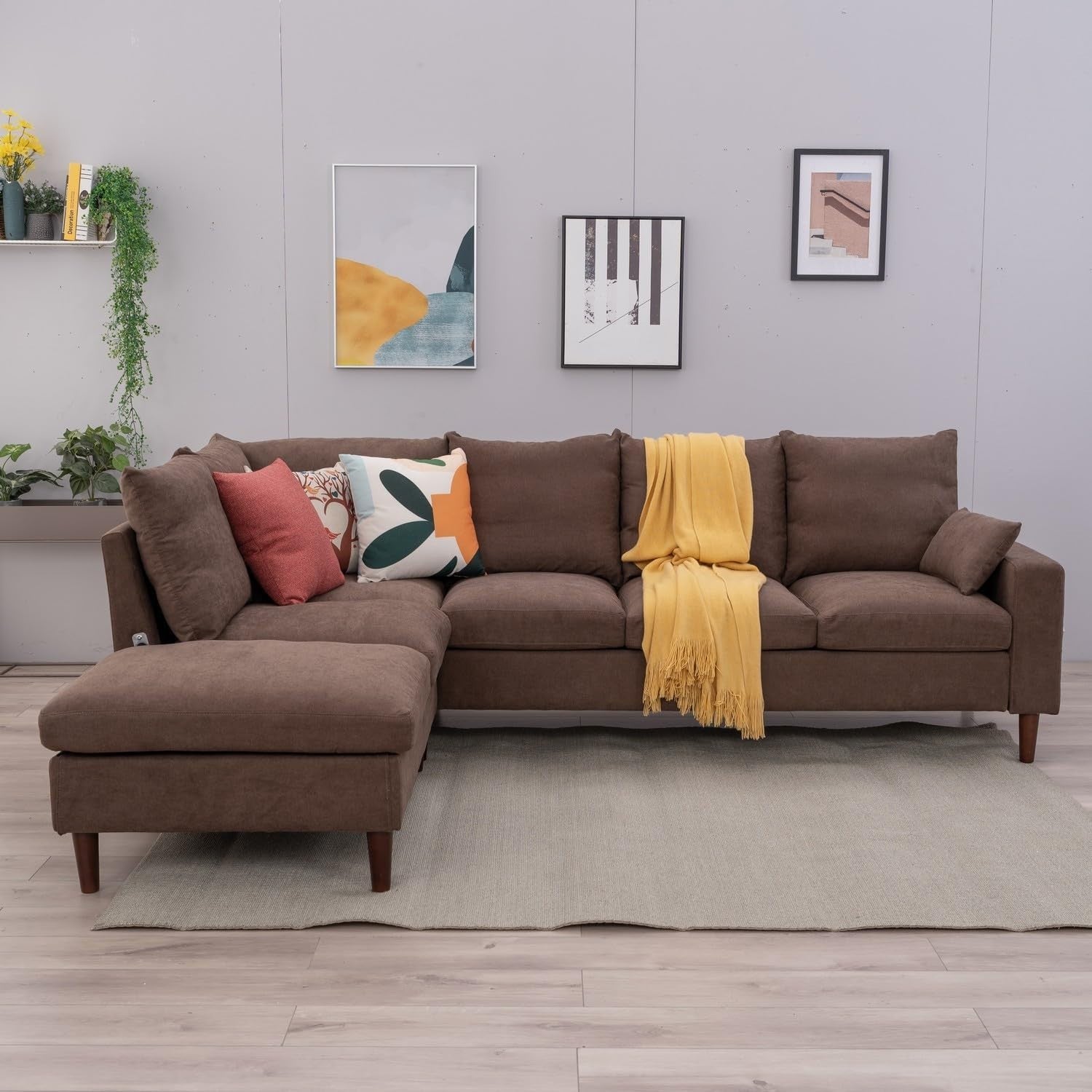 6 Seater L Shape Sofa with Chaise Brown Linen USB Charging Corner Couch