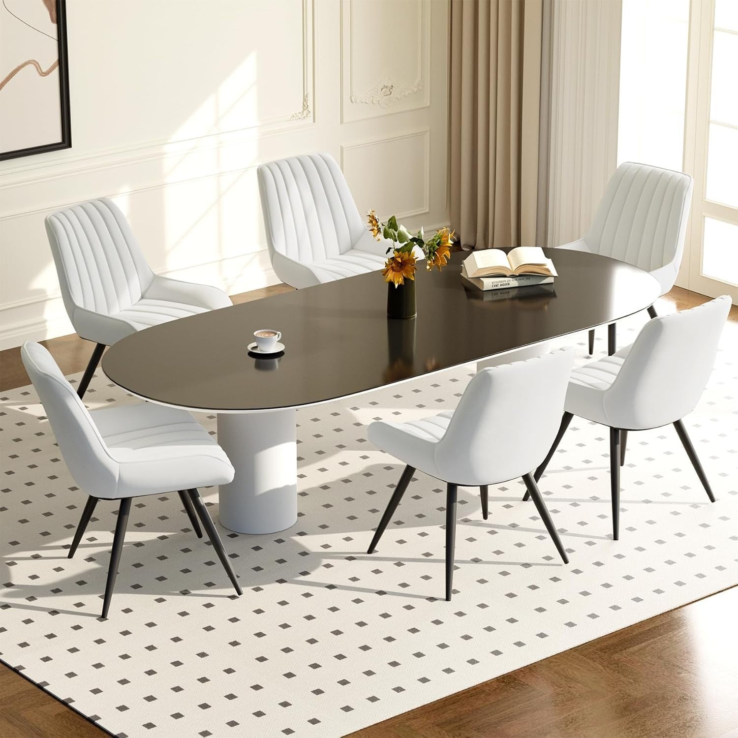Set of 4 Modern Upholstered Dining Chairs | Thick Cushions, Metal Legs