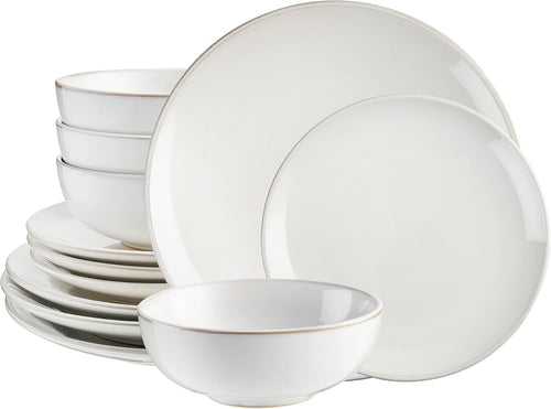 12pc White Stoneware Dinner Set Plates Bowls Microwave Dishwasher Safe