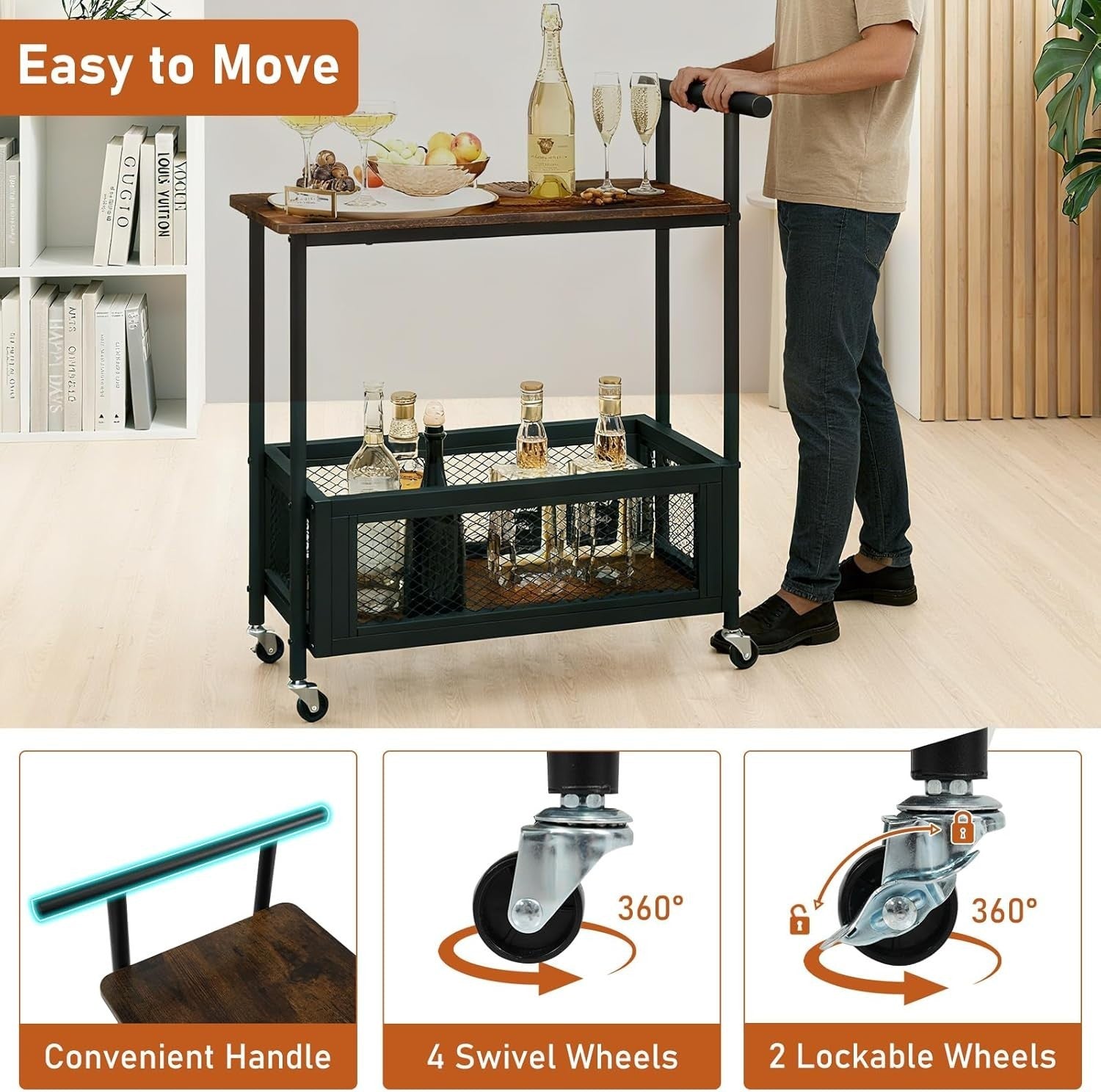 3 Tier Rolling Bar Cart Rustic Serving Trolley Drinks Storage Wheels