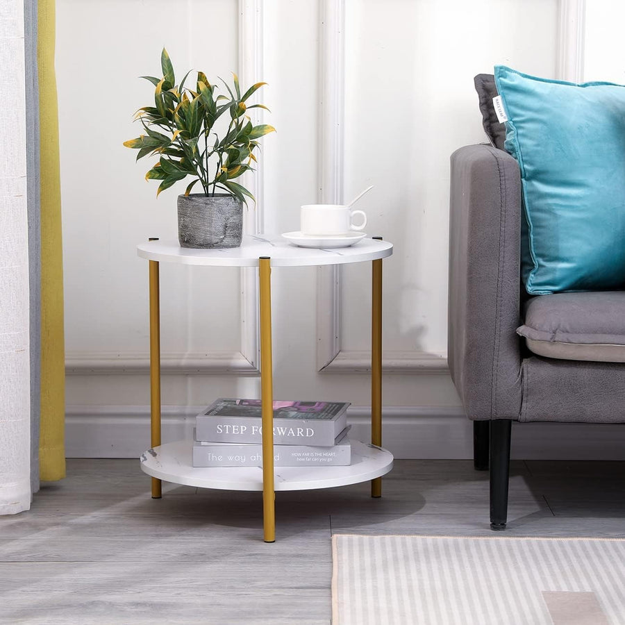 Round White Marble Side Table with 2-Tier Shelf – Modern Gold Frame End Table