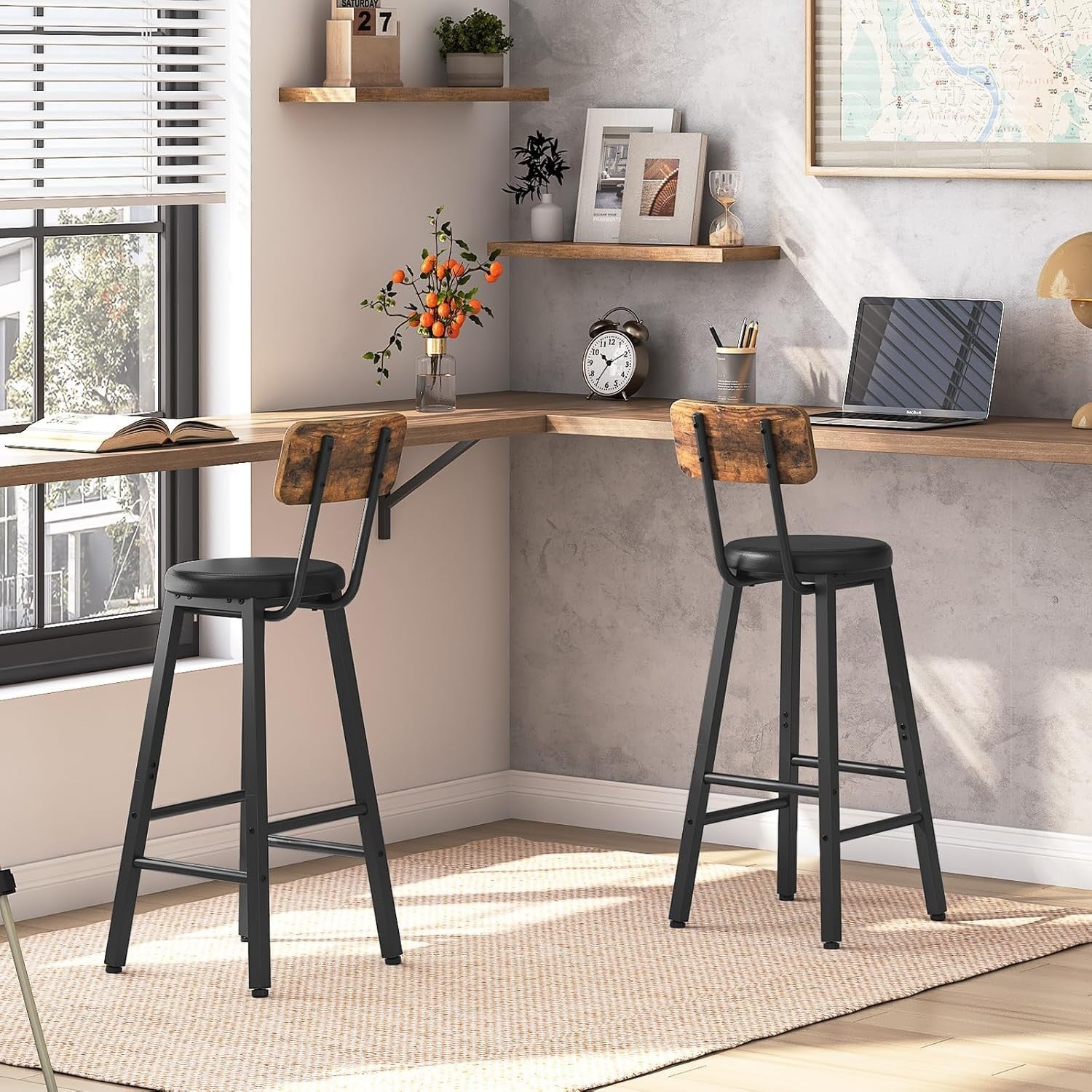PU Upholstered Bar Stool Set of 2 | Ergonomic Counter Height 97cm