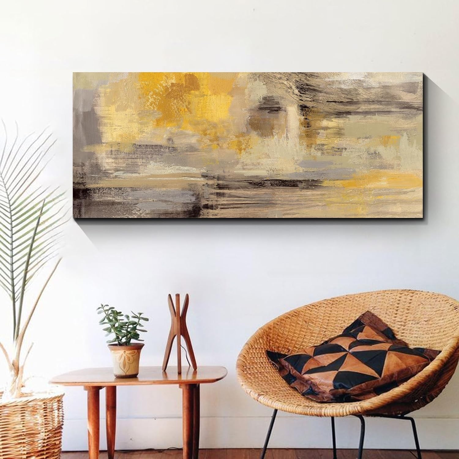 Large Abstract Canvas Wall Art Mustard Yellow Grey Framed 120x50cm