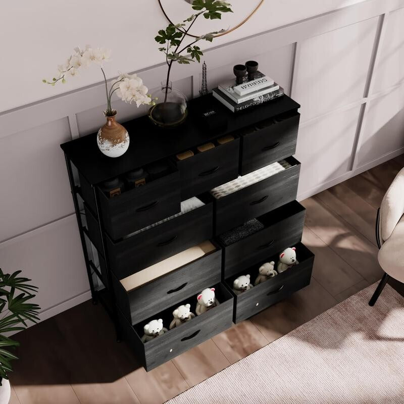 Black Fabric 9 Drawer Dresser Storage Unit with Wood Top for Bedroom 100cm