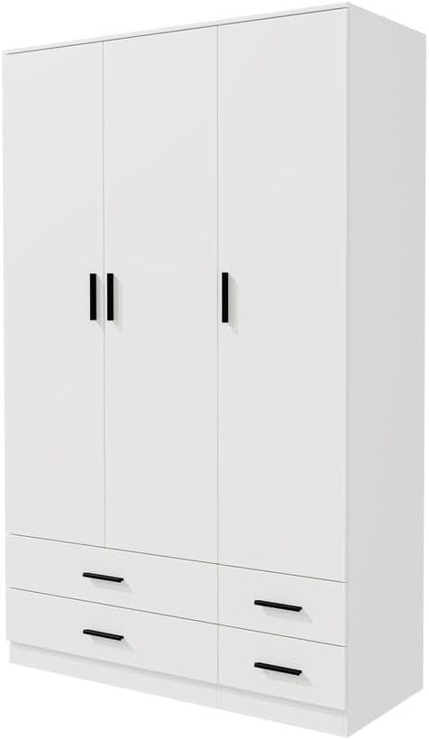 White 3 Door Wardrobe with 4 Drawers Modern Bedroom Storage Cupboard