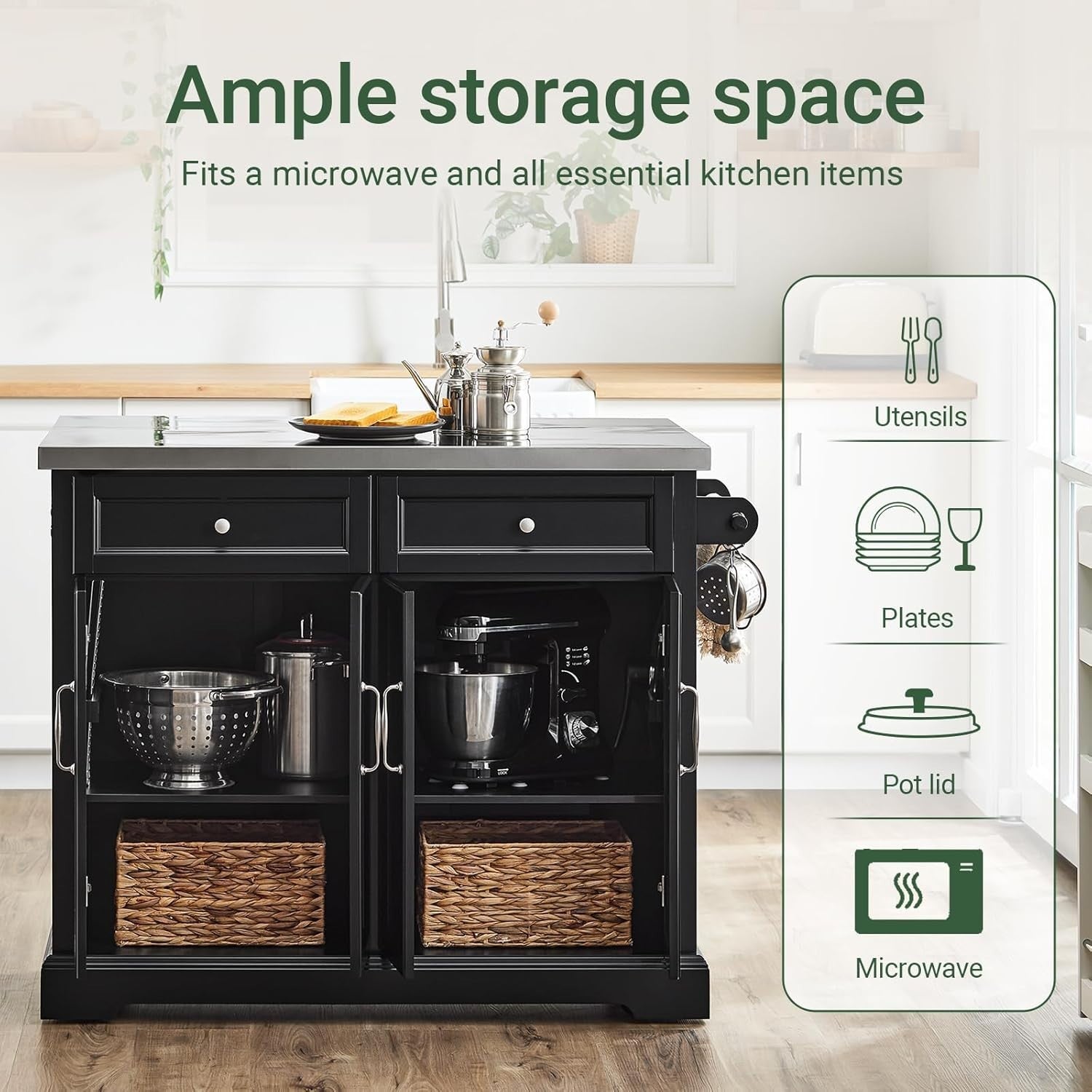 Black Rolling Kitchen Island Extendable Worktop 115cm