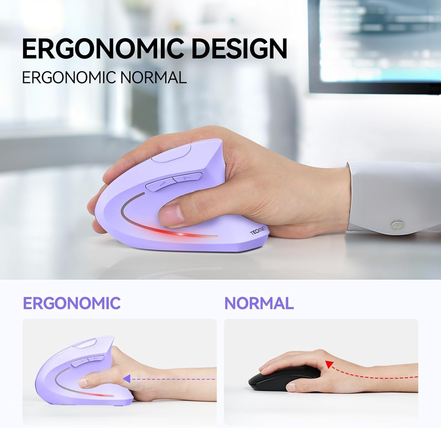 Vertical Ergonomic Wireless Mouse 4800 DPI Silent 6 Button Purple
