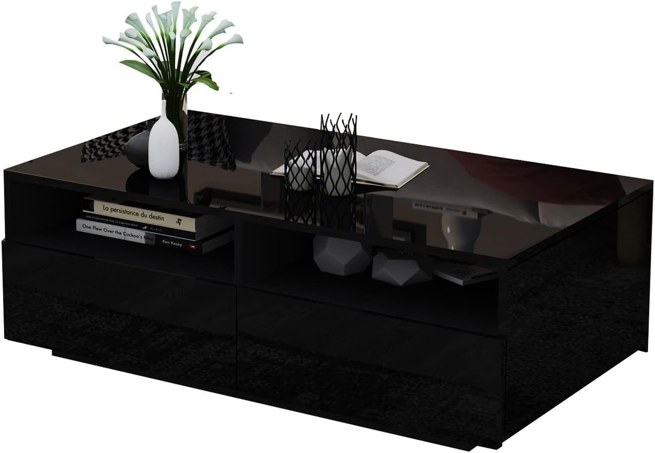 Modern Black Gloss Coffee Table 4 Drawers Storage 85x55x35cm Sleek Look