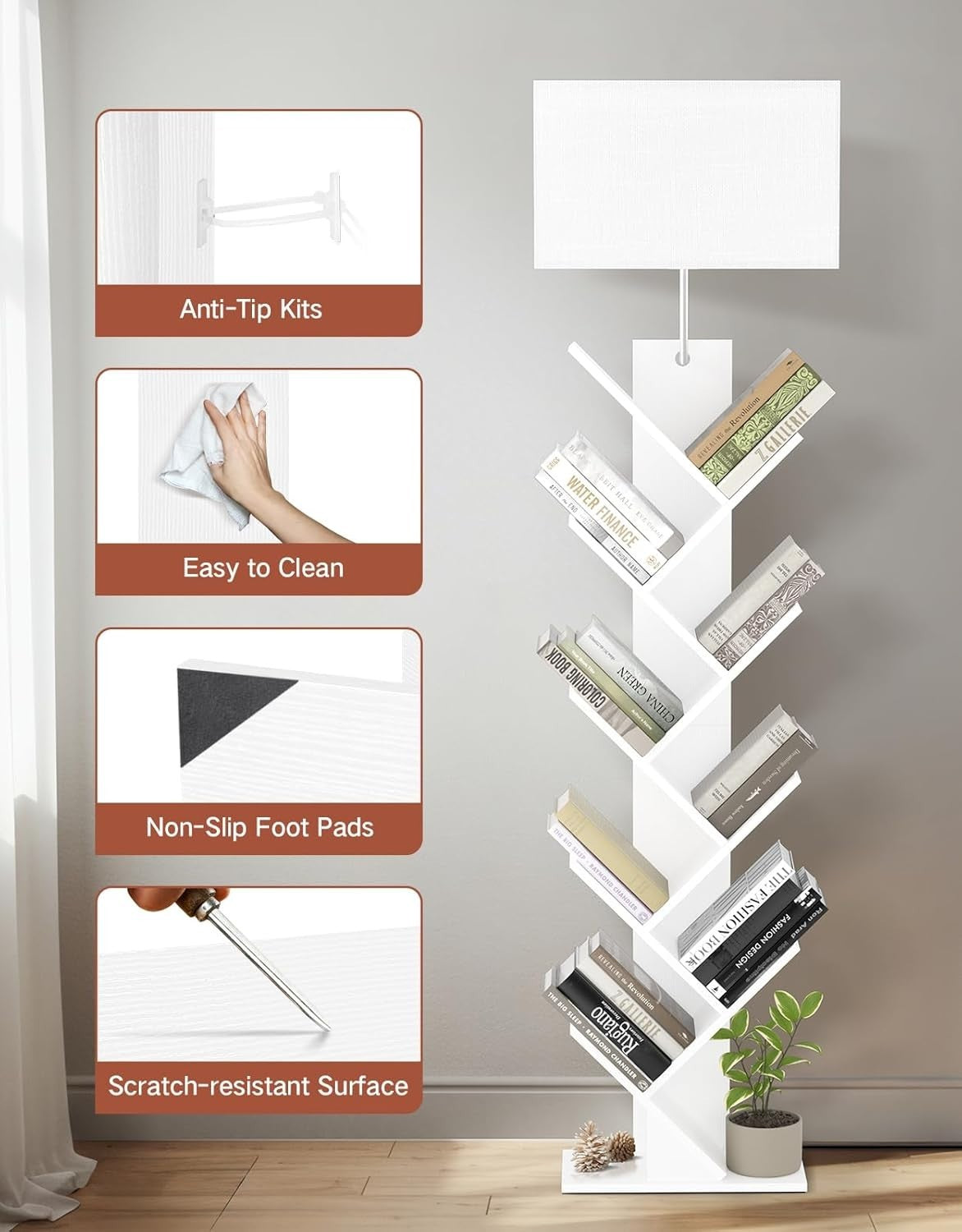 9 Tier Tree Bookshelf with LED Lamp Remote White Tall Narrow Shelf