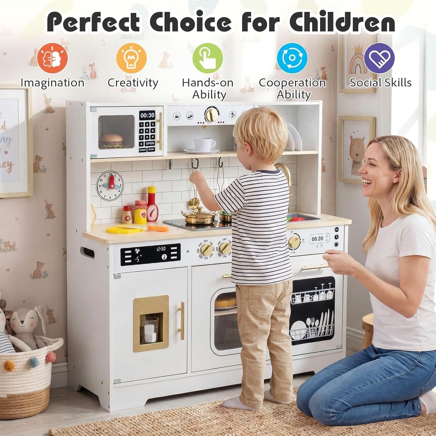 Wooden Kids Play Kitchen White Lights Sounds Coffee Maker Toy Set