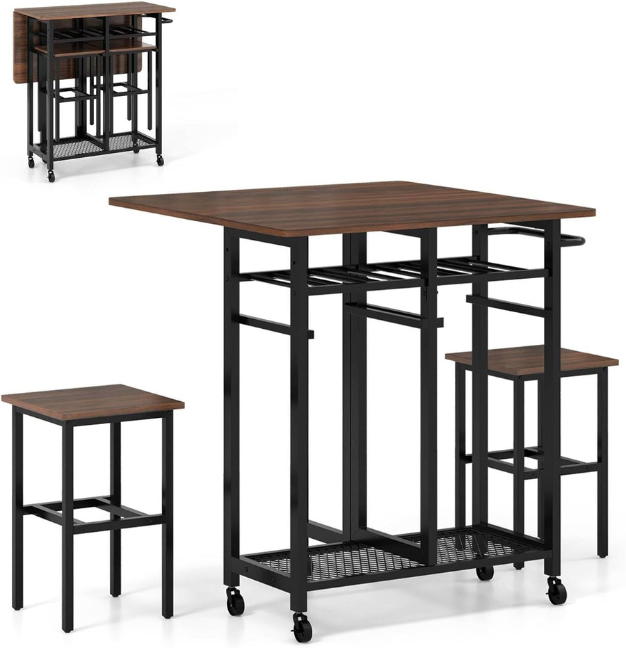 3-Piece Folding Dining Table & Stools Set Walnut Black with Wine Rack
