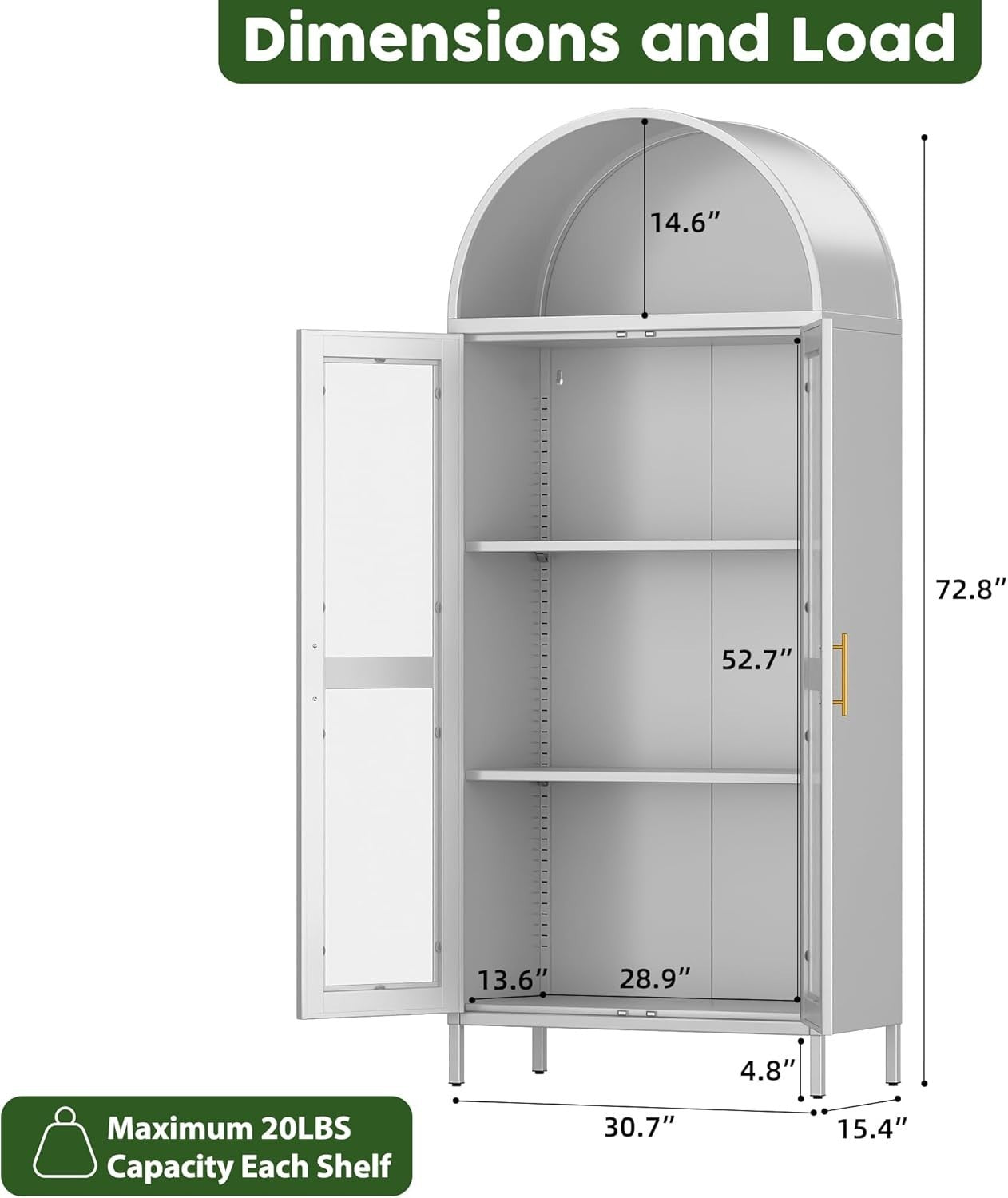 185cm Metal Arched Kitchen Pantry Cabinet White | 2-Door Storage