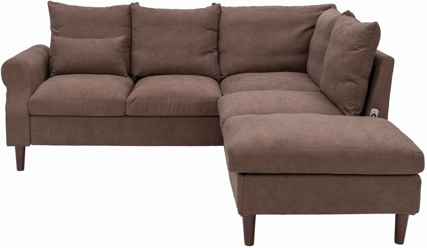 5 Seater Corner Sofa w/ Chaise & USB Charging Port – Brown Linen, Left Arm