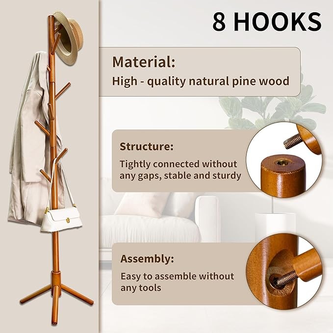 Brown Bamboo Coat Rack Freestanding 8 Hooks | Adjustable Wooden Hall Tree Stand
