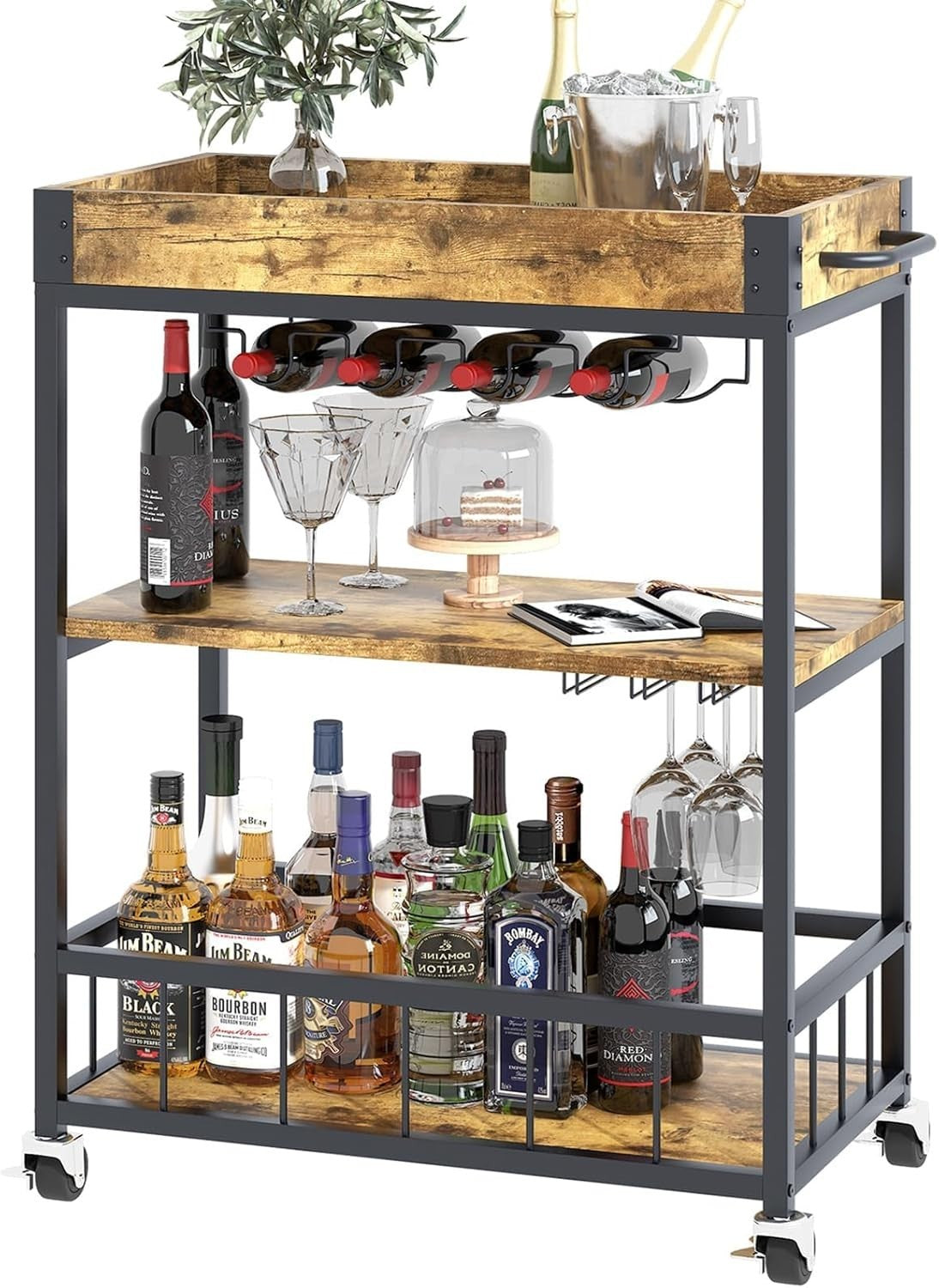 3 Tier Bar Cart Drinks Trolley with Wine Rack & Glass Holder